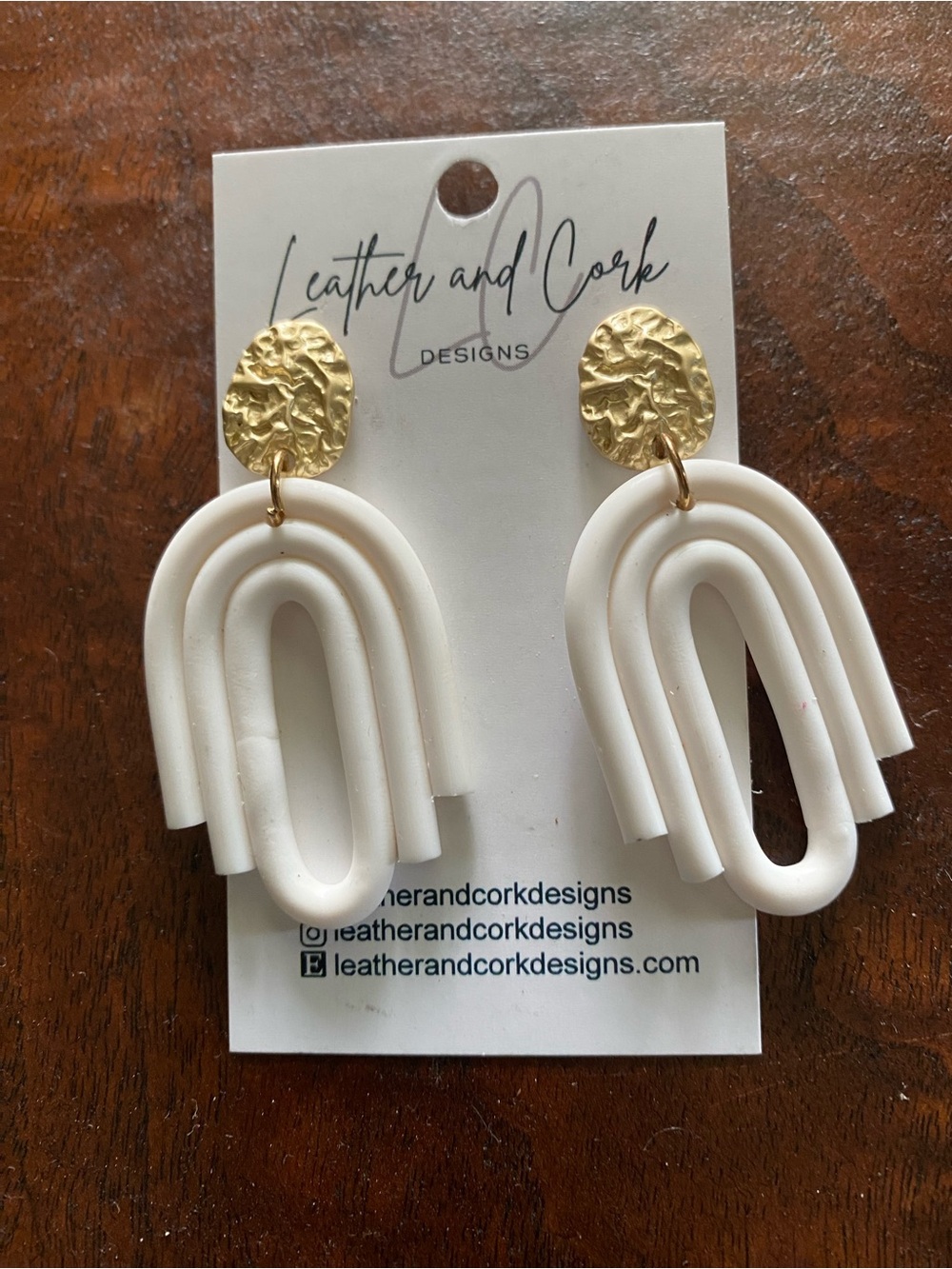 Leather and Cork Designs White Arch Dangle Earrings with Gold Studs